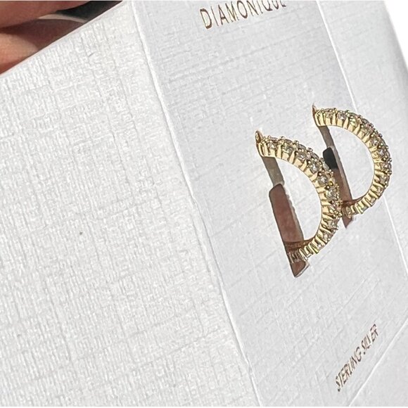 Diamonique Pavé Huggie Hoop Earrings Gold Plated Sterling Silver NEW - Picture 9 of 11